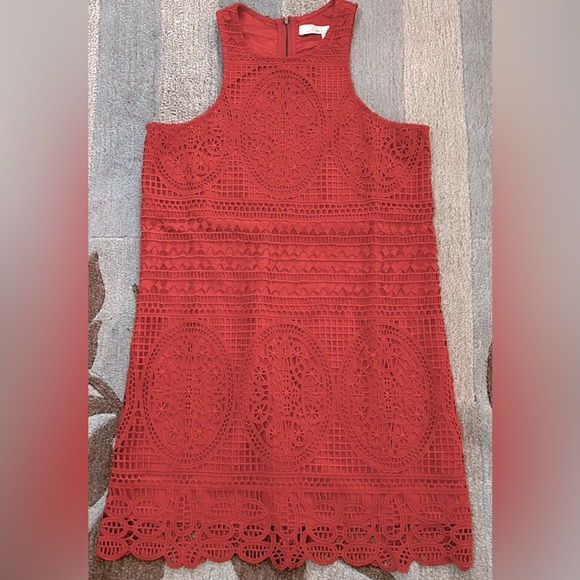 Revolve| Lovers + Friends Warm Red Sleeveless Crochet Lace Mini Shift Dress - Picture 3 of 11